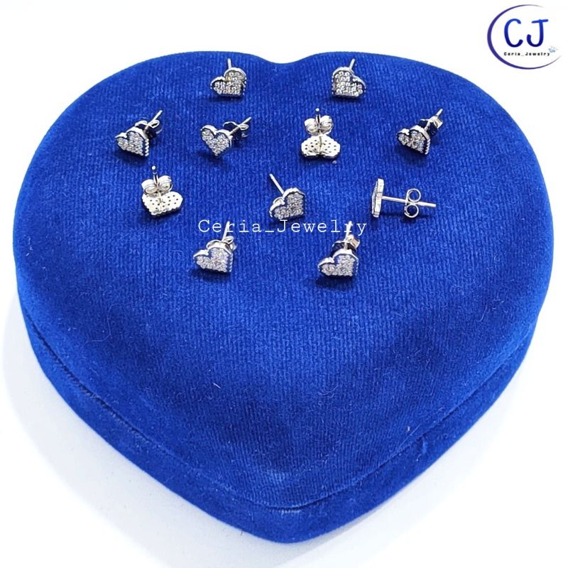 Set Kalung Perak Asli Silver Wanita 925 Lapis Emas Putih dengan Giwang Love