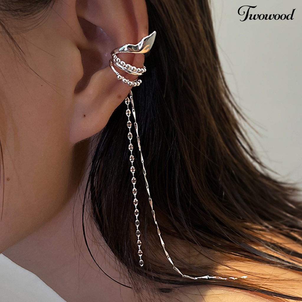 1 Pc Anting Klip Telinga Kanan Bentuk Geometris Model Rumbai Panjang Gaya Gothic Untuk Wanita