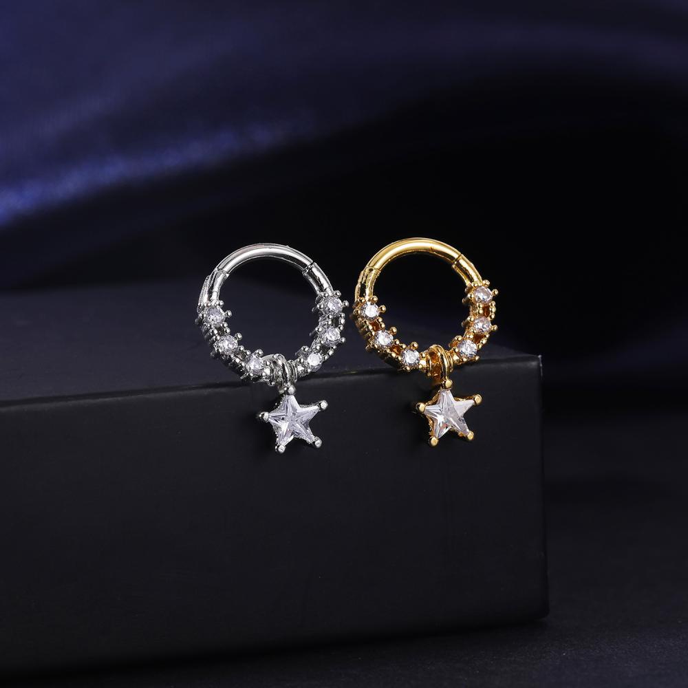 1pc Anting Tindik Hidung Bentuk Bintang Bulan Menjuntai Bahan Tembaga Aksen Kristal