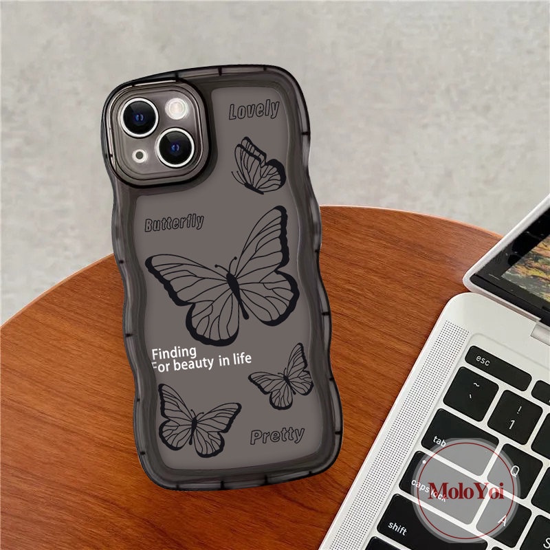 Soft Case Tpu Motif Kupu-Kupu Hitam Retro Untuk iPhone 11 7Plus 12 13 14 Pro Max XR 6s 6 8 7 14 Plus X XS Max SE 2020