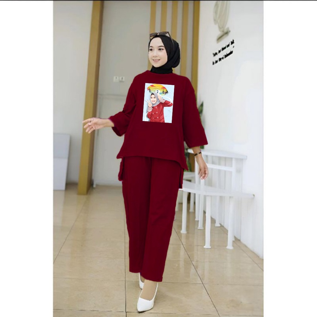 Setelan Tunik Muslim Hijab Sunset Baju Merah / Blouse Wanita