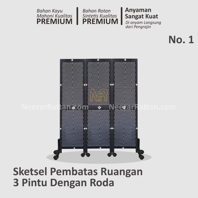 Sketsel Partisi Pembatas Penyekat Ruangan 3 pintu Pakai Roda