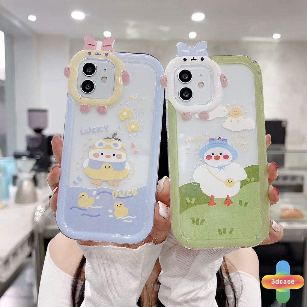 Casing Untuk IPhone 11 12 13 14 PRO MAX 6 7 6S 8 14 Plus X XR XS MAX 11 12 13 Se 2020 6SPlus 7Plus 6Plus 8Plus 14Plus XSMAX transparan Lucu Kartun Susu Teh Bebek Lembut TPU Bergelombang Edge Case