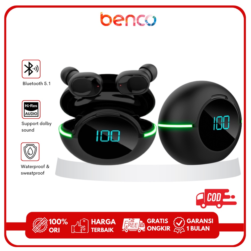 BENCO Stereo Wireless Earbud Bluetooth 5.1 TWS Y80 Digital Display Headset