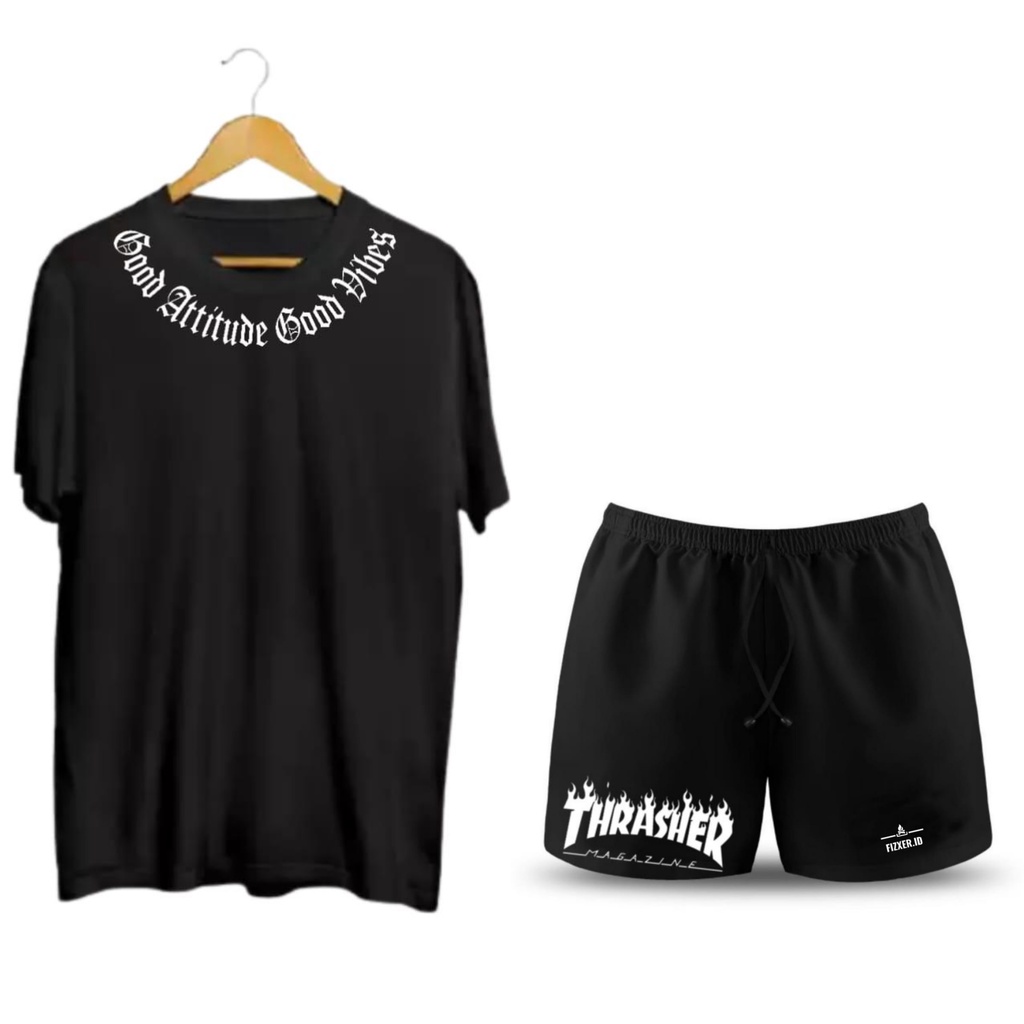 SETELAN DISTRO KAOS DAN BOXER TERBARU BAHAN TEBAL ORYGINALKAOS GOOD ATTITUD GOOD VIBES-GA HITAM THRASHER