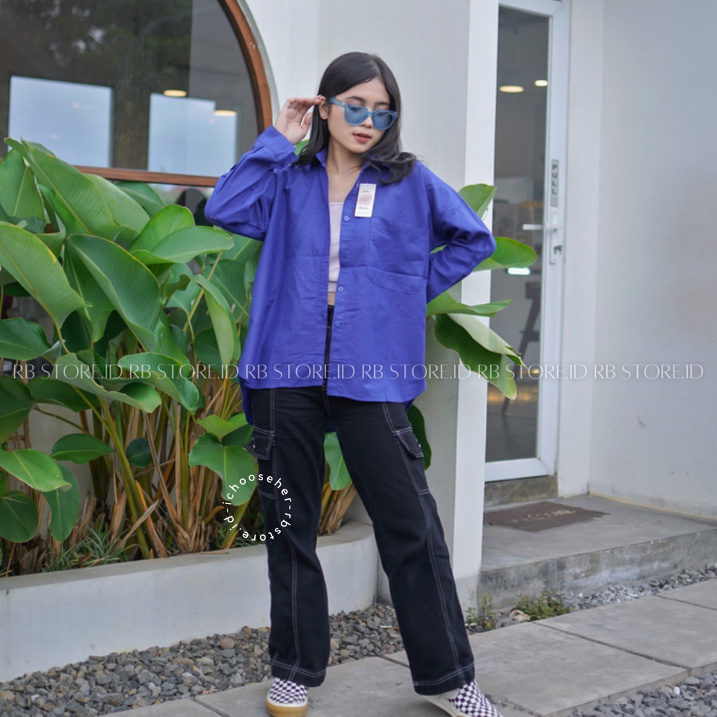 Kemeja Wanita Linen Oversize Olivia Shirt Linen Pocket-OLIVIA BLUE ELECTRIC