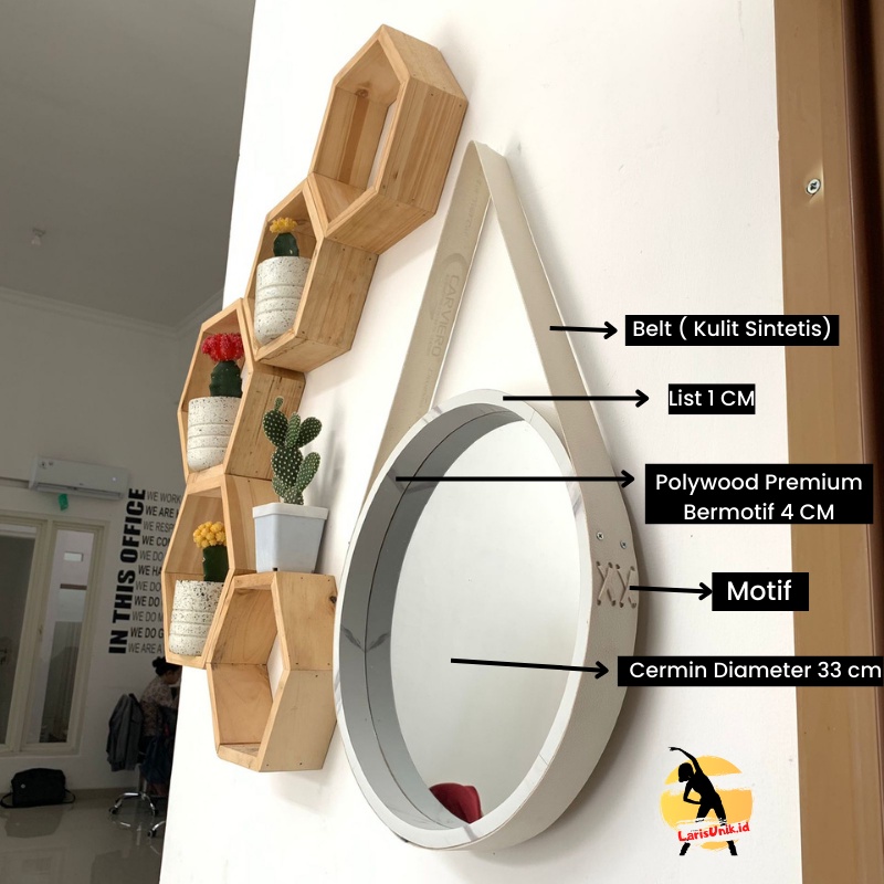 Aesthetic Mirror Cermin Bulat Bulet Gantung Dinding Dekorasi Hiasan Untuk Rumah Kamar Tidur Wastafel Mandi Toilet Besar Diameter 35CM Cermin Hias Rias Dandan Make Up Kosmetik Ceweek Motif Kayu Vintage Bundar Hanging Miror Murah Tali Frame Tebal