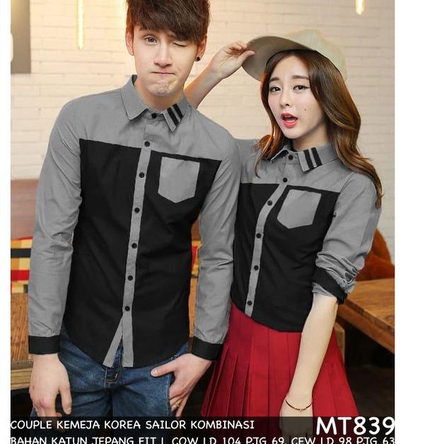 KEMEJA COUPLE/KEMEJA PASANGAN/BAJU COUPLE KOREA HEM SAILOR KOMBINASI - Hitam