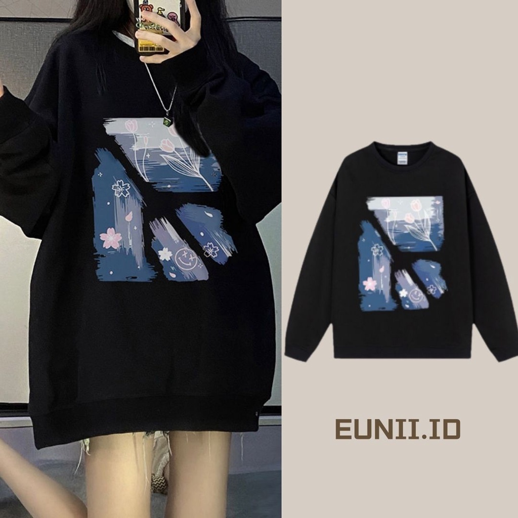 EUNII Sweater Lengan Panjang Cartoon Painting Landscape Korean Style/Hoodie Oversize/Baju Wanita/Switer Wanita