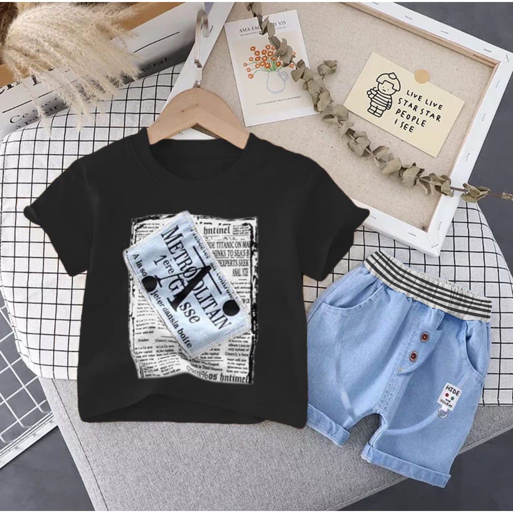 SETELAN ANAK BAJU KAOS LENGAN PENDEK BAHAN KATUN CELANA DENIM UNTUK 1-5 TAHUN