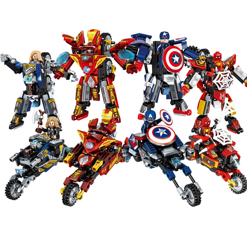 Set Mainan Balok Bangunan 2 in 1 Model Film Marvel Superhero Transforming Mecha Motorcycle Avengers Untuk Hadiah Anak