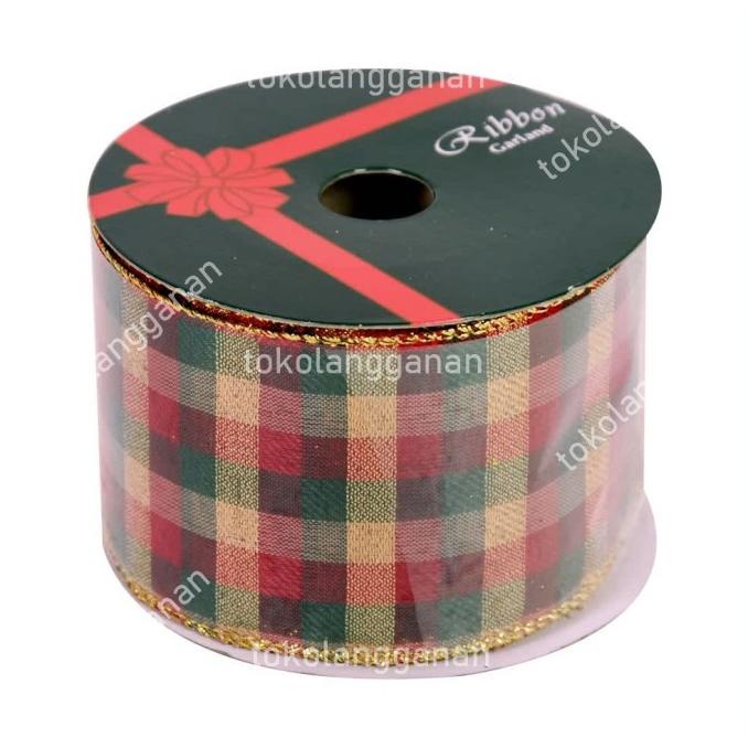 Pita Hias Natal Motif Kotak 6.35x900 Cm - Merah