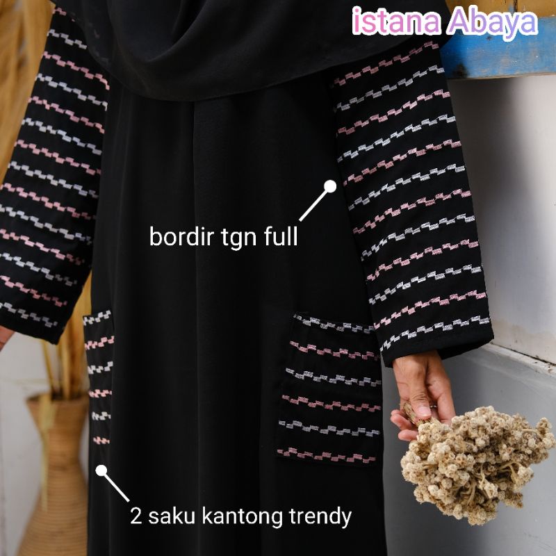 abaya saku Turki Full bordir tangan di padu kain hitam Jet black ditambah dobel kantong depan cantik