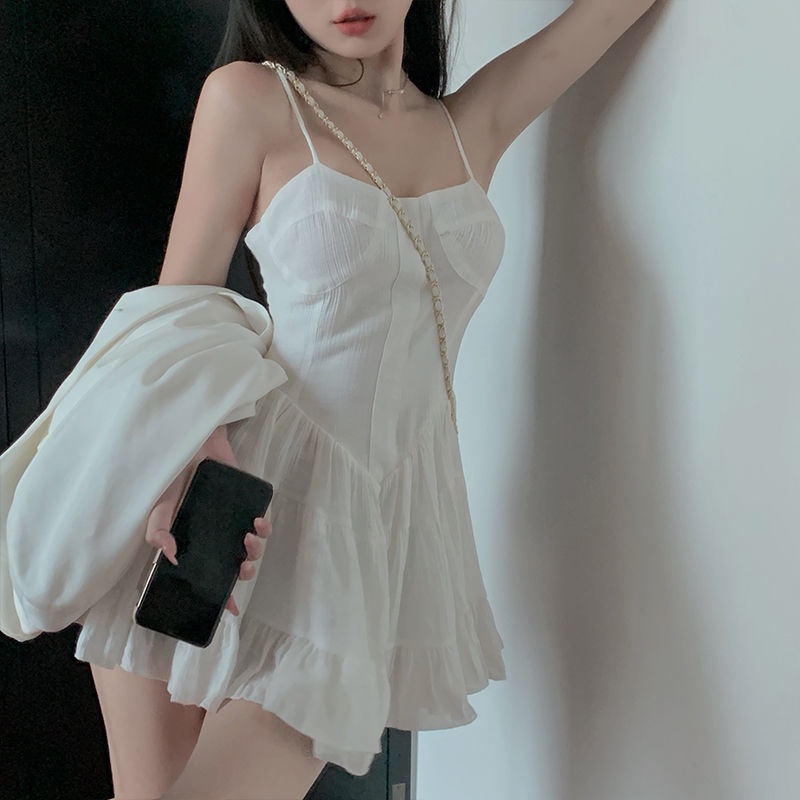 Red Student Tide Keinginan Murni Angin Putih Pinggang Suspender Rok Wanita Musim Panas 2022 Baru Rok Kecil Daun Teratai Tepi Gaun