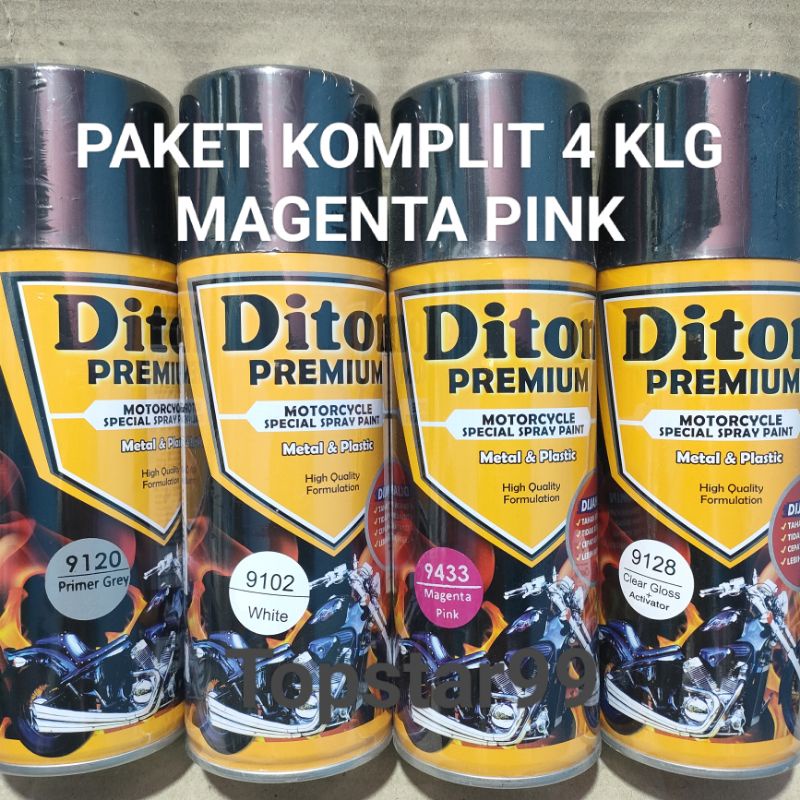 Pilok Cat Diton Premium Paket Komplit 4 Kaleng Magenta Pink Ping 9433 Primer Grey 9120 White 9102 Clear Gloss 9128 400cc Pilox Paketan Cat Semprot Special Spray Paint