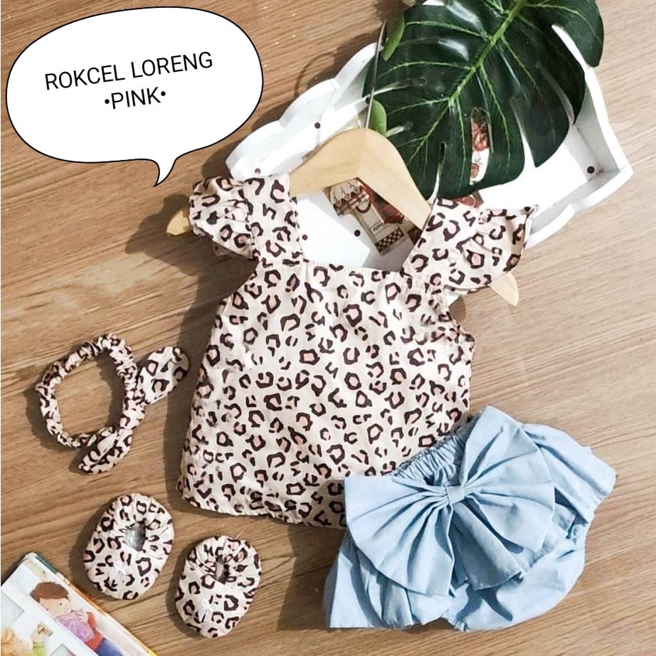 Setelan Baju Anak Bayi Perempuan Atasan Dan Rok Celana Motif Love Polka Free Sepatu Dan Headband Allsize