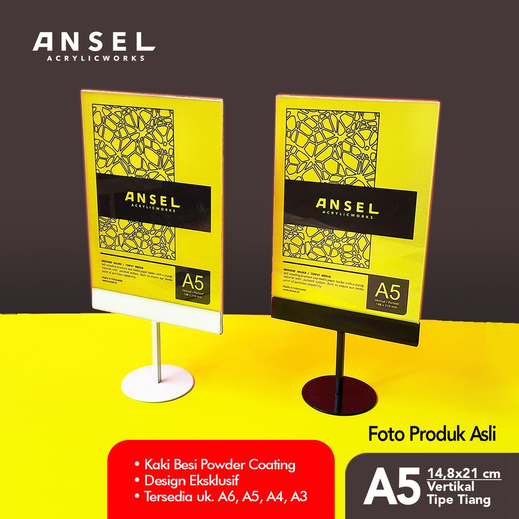 

ANSEL NORE - Tent Card Akrilik Besi / Tiang A5 Vertikal 14,8x21 cm [Stand Akrilik Acrylic, Display Menu, Brosur, Tent Holder, Nomor Meja dll]