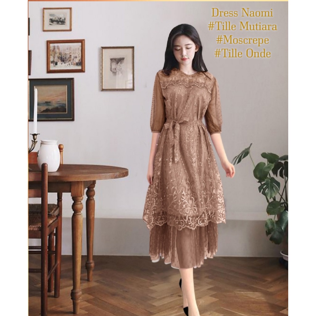 Dress Pesta Midi Wanita Elegan Brokat Tille Mutiara/Dress Naomi Size L/XL Dress Kondangan Remaja Kekinian Viral/Good Quality