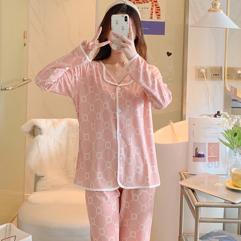 Pakaian Tidur Piyama Wanita Motif Polos Warna Model Kancing Depan PP Lengan Panjang Celana Panjang Import