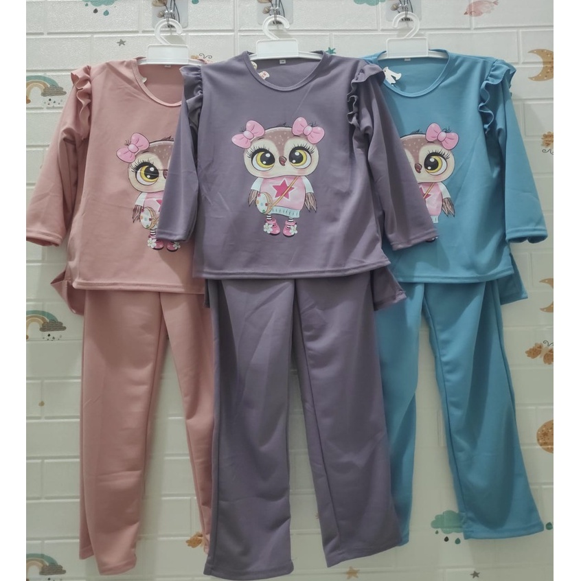 MOMOGI- SETELAN VIRAL OVERSIZE ANAK MOTIF BURUNG HANTU / SETELAN VOXY PREMIUM / Usia 5-10thn