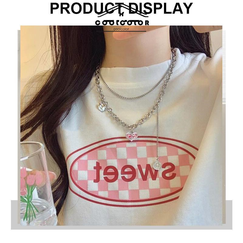 COD❤️Kalung Korea Cinta Rantai Klavikula Kepribadian Hip Hop Bertumpuk Lapisan Ganda Wanita Hip Hop Anti Karat Dan Luntur Mewah Multi-layer Retro Murah Import