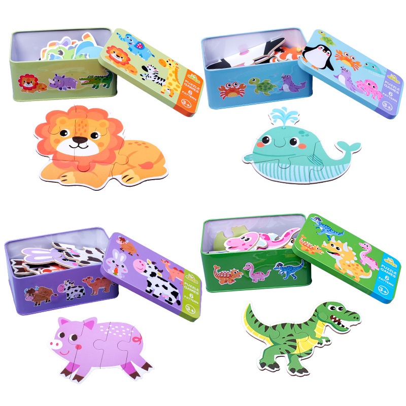 Duoqu Puzzle Games 6 Pattern | 6in1 Wooden Jigsaw Puzzle in a Tin Box | Puzzel Kayu Kotak Kaleng Tinbox 6 in 1 | Hewan Binatang Dinosaurus Transportasi Kendaraan Lucu | Mainan Edukatif Edukasi Anak Balita Bayi My First Step