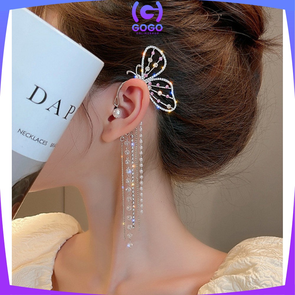 GOGO-K118 Anting Korea Motif Kupu Kupu Untuk Telinga Kiri Aksen Mutiara Wanita Tanpa Tusuk / Anting Klip Cewek Korean Style