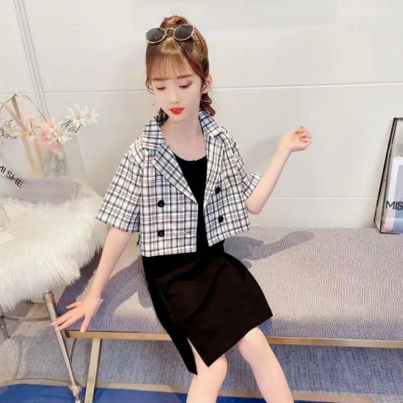 Dress 2In1 Anak Perempuan Import Kekinian Korean Style 5-12 Tahun / Setelan Dress Blazer Crop  Forma