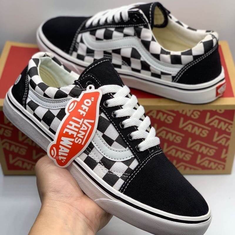 Vans Oldskool Checkerboard Motif catur kotak hitam putih Sekolah Kerja Kuliah Kado Hadiah Black White