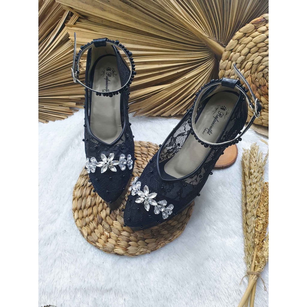 sepatu wedding wanita hitam cantik brukatan 12cm