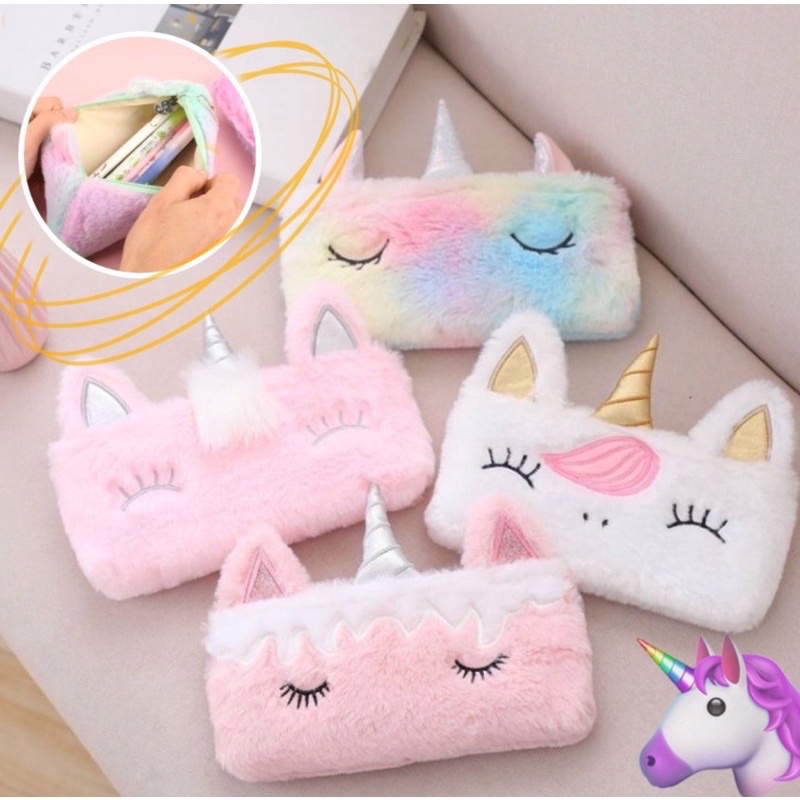 Kotak Tempat Pensil Unicron Bulu Alat Tulis Anak Dompet Kuda Poni Import Pencil Case Fluffy Perlengkapan Sekolah