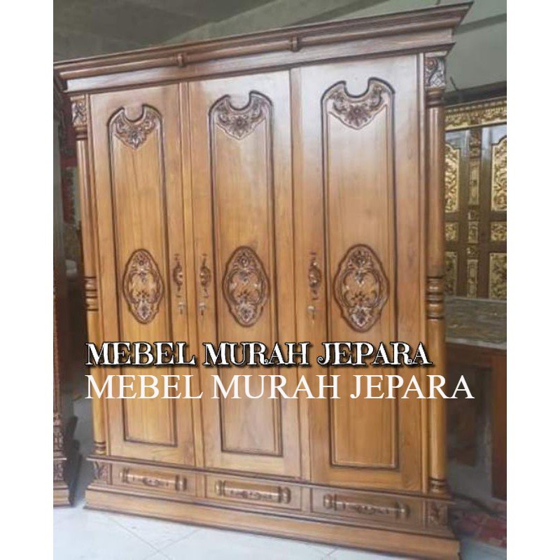 lemari pakaian peluru 3 pintu kayu jati, lemari pakaian jati jepara, mebel jepara