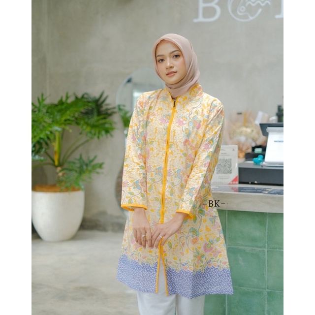 Atasan Tunik Batik Wanita Warna Soft Best Seller Kain Katun - Motif Mawar Kuning Zyper kz