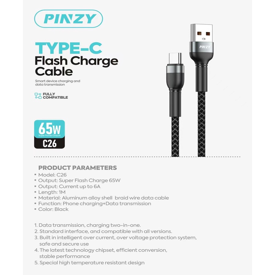 Kabel Data - Kabel Charger PINZY C26 USB Type C Super Flash Charge 65w