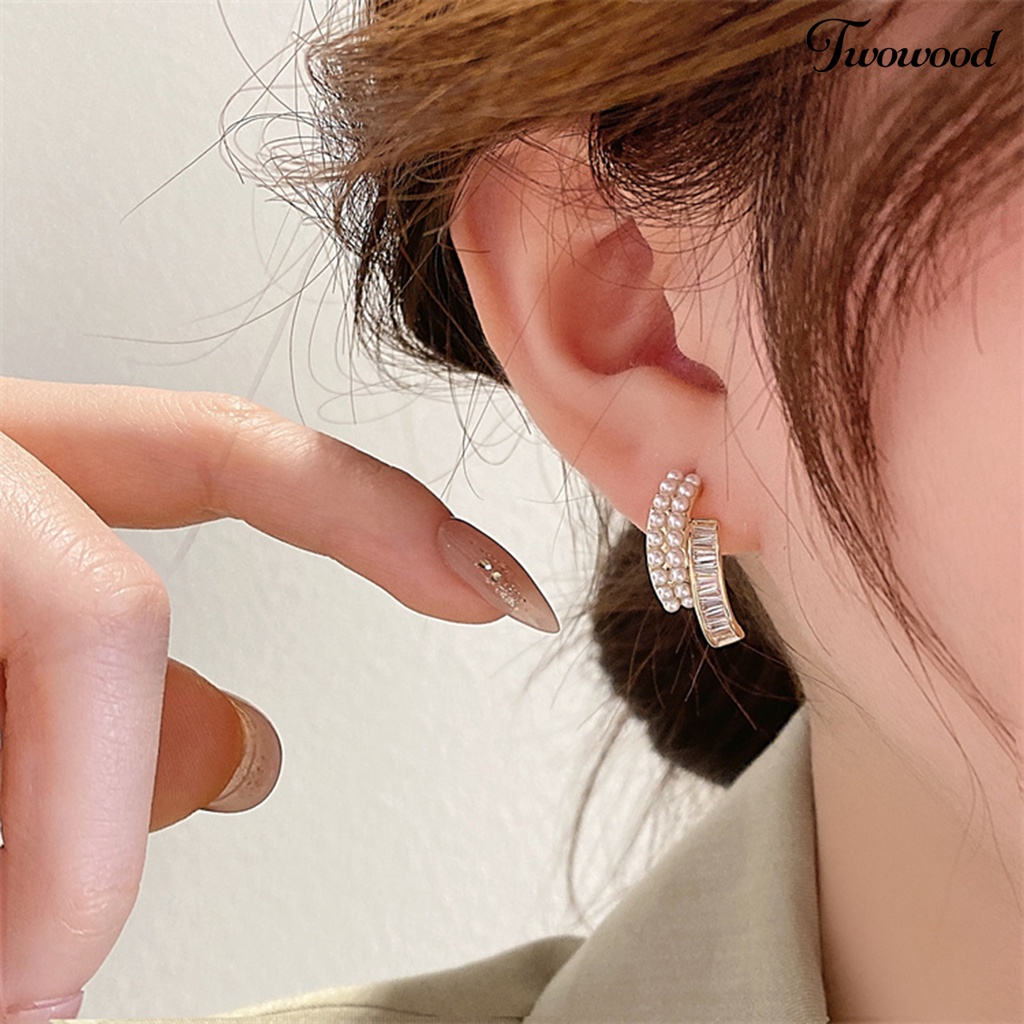 1 Pasang Anting Stud Mutiara Berlian Imitasi Double Layer Untuk Wanita