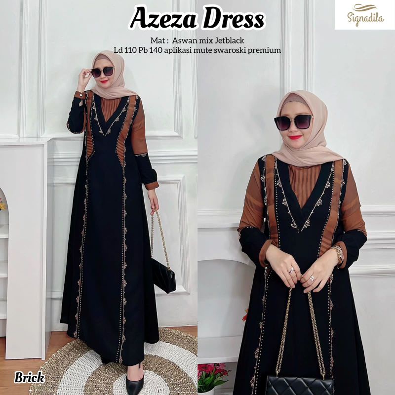 AZEZA DRESS GAMIS ABAYA WANITA BAHAN ASWAN MIX JETBLACK APLIKASI MOTE SWAROSKY