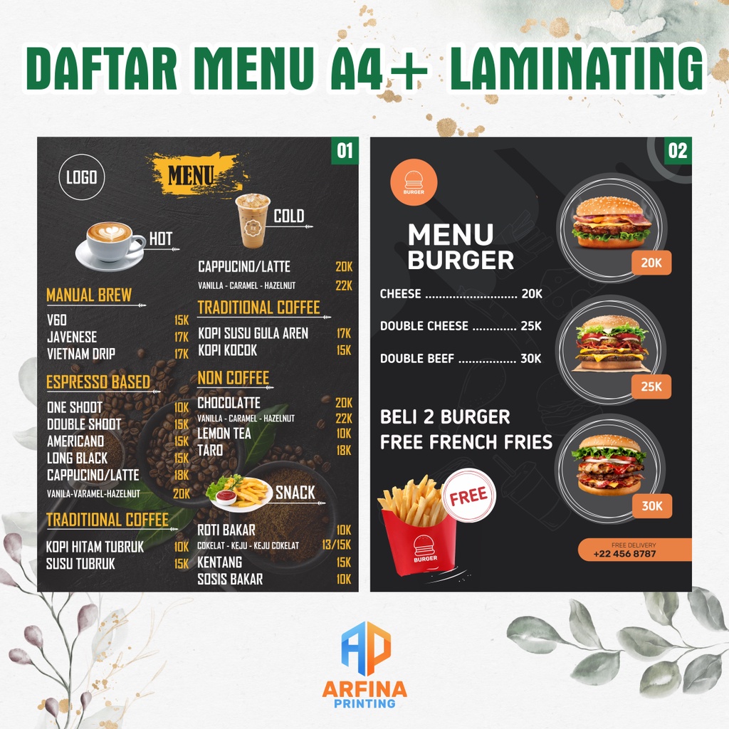 Cetak Daftar Menu A4 + Laminating / Menu Warung / Menu Resto