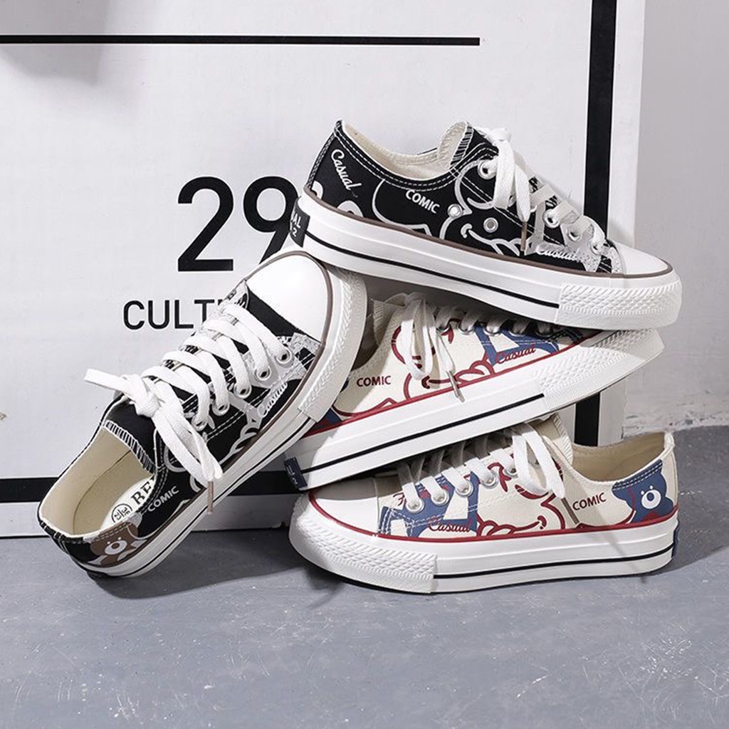 Sepatu Wanita Canvas Fashionable Casual Bertali Trendy Sneakers Cewek Terbaru Motif Lucu