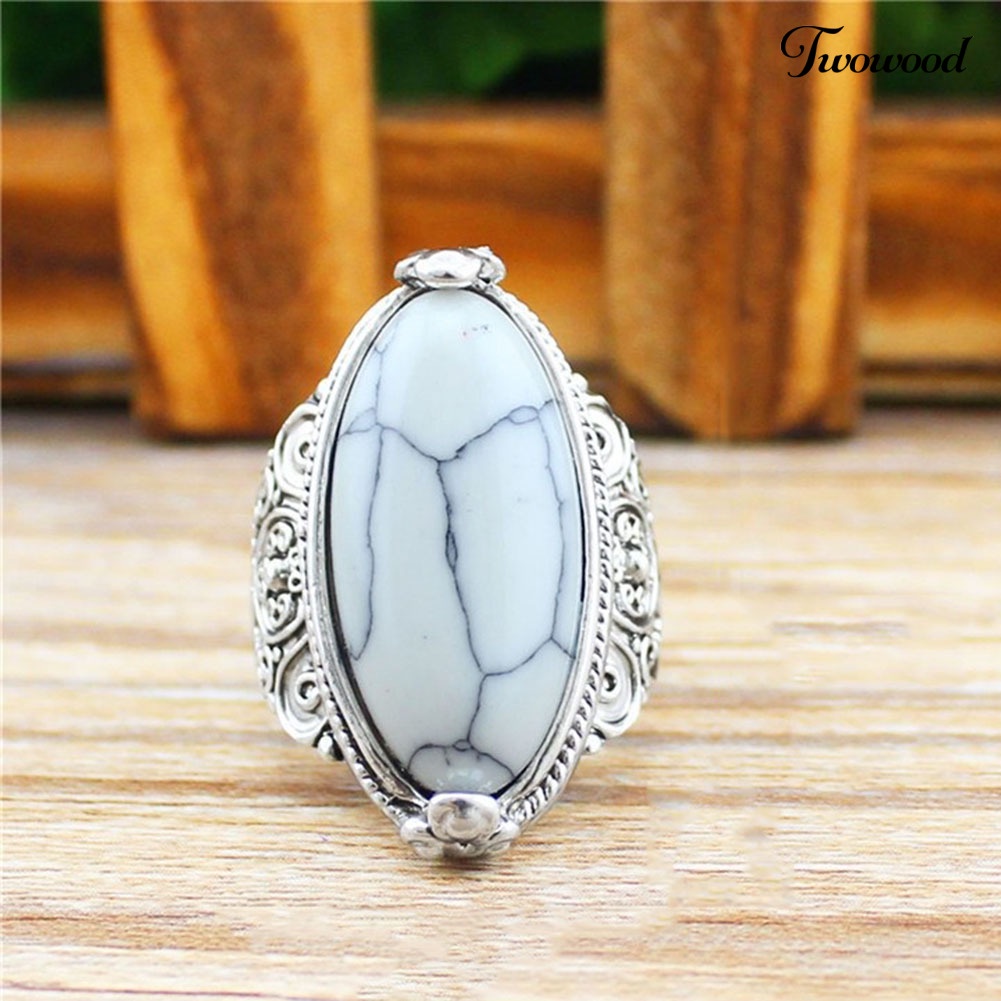 Cincin Lapis Silver Antik Bentuk Oval Turquoise Gaya Boho Vintage Untuk Wanita