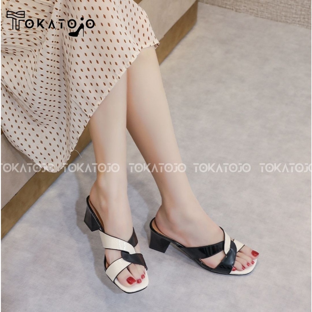 Sendal hak 5 cm heels silang  terbaru black and white cantik dan elegan