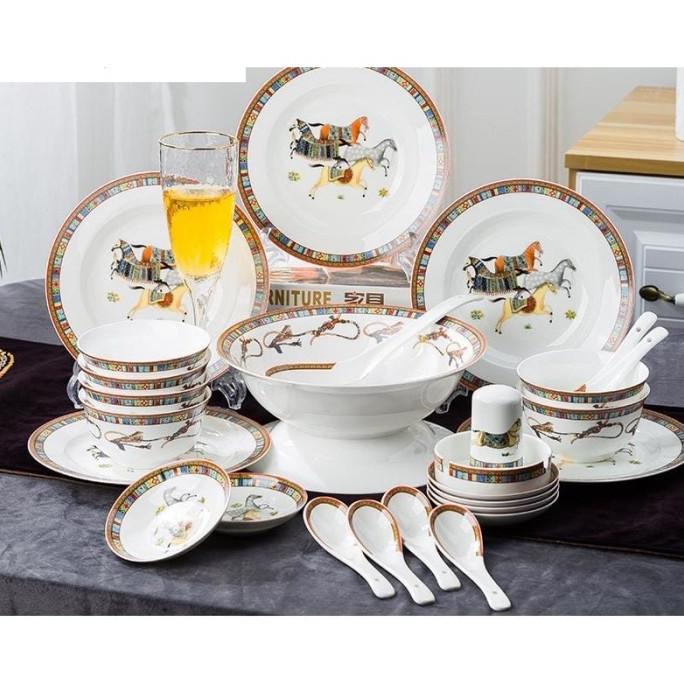 Piring Makan Motif Kuda Set Keramik Isi 28 / Piring Mangkuk Set Mewah Fellixaa