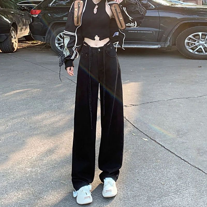 Suhao ukuran besar versi Korea dari perasaan musim gugur pinggang tinggi tali lurus celana panjang musim gugur high street longgar celana jeans lebar kaki hitam fashion wanita