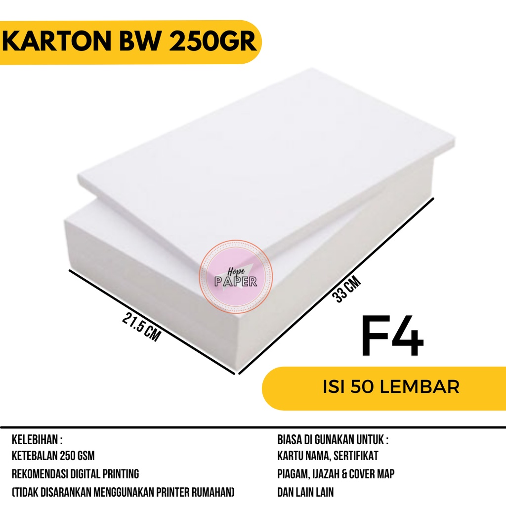 

Karton BW F4 isi 50 lembar / Kertas BW F4 250gsm