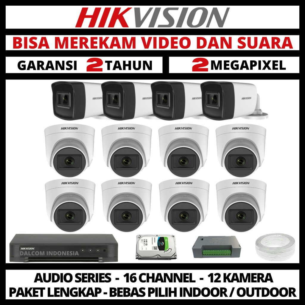 PAKET CCTV HIKVISION 2MP 16 CHANNEL 12 CAMERA TURBO HD 1080P KAMERA CCTV &amp; DVR FULL HIKVISION