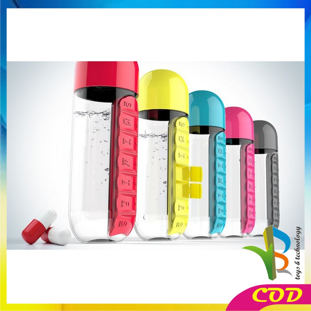 RB-C313 Botol Minum 2 IN 1 Botol Air Minum 600ML + Kotak Obat Harian / Botol Minum Obat / Bottle Water Tumbler Outdoor