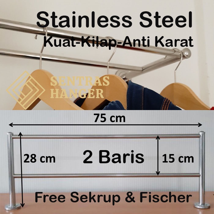 Gantungan Baju Stainless 75cm, 2 Baris