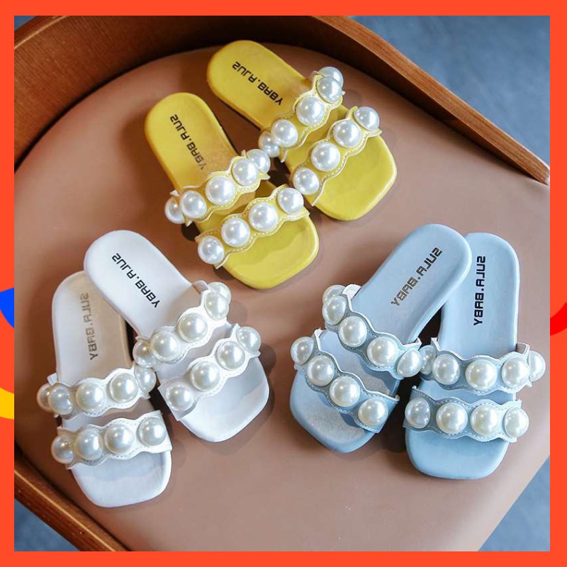 Sandal anak perempuan sandal mutiara lucu bagian bawah lembut non-slip kulit PU flip-flop