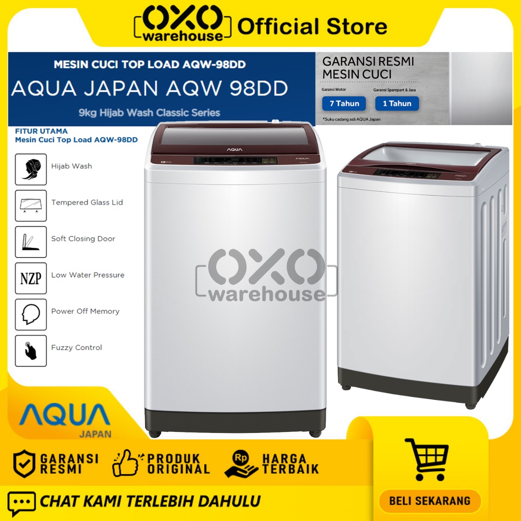 AQUA Mesin Cuci AQW-98DD 1 Tabung 9 Kg Top Loading Low Watt Garansi Resmi