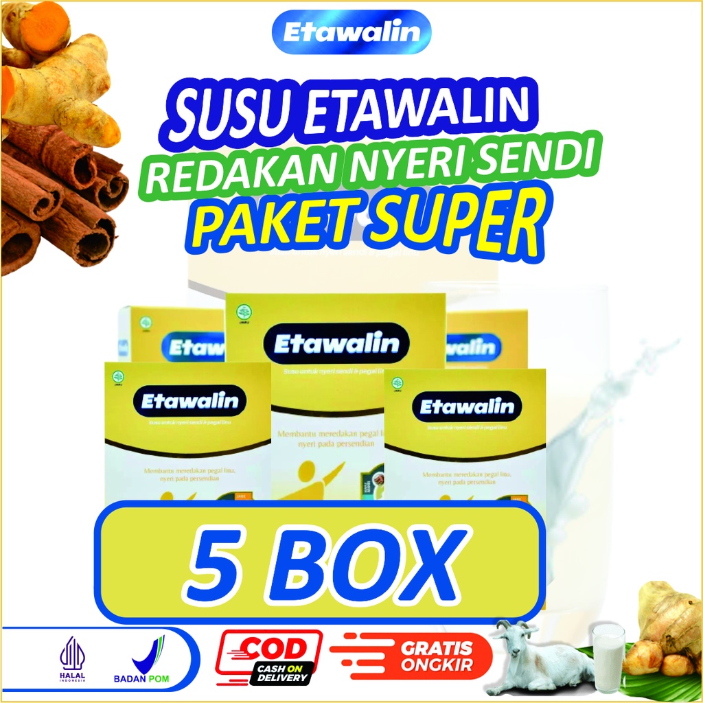 

ETAWALIN 5 Box Bantu Redakan Nyeri Sendi dengan 5 Herbal Tambahan Mengatasi Nyeri Sendi dan Asam Urat 100%Original Bisa COD Asli