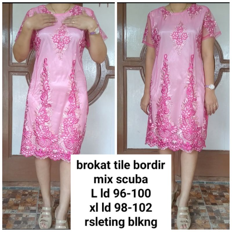 Dress terusan pesta tunik  brokat pesta merah